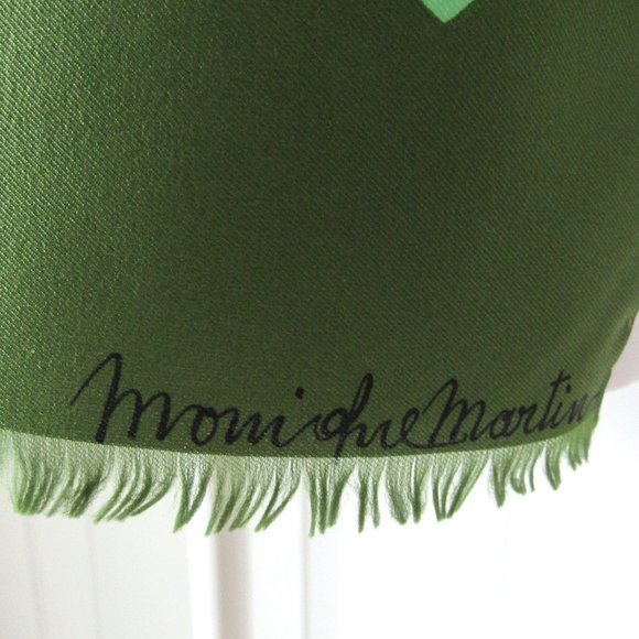 MONIQUE MARTIN Vintage Scarf African Style Tribal Design Green Yellow Fringe - Picture 3 of 5